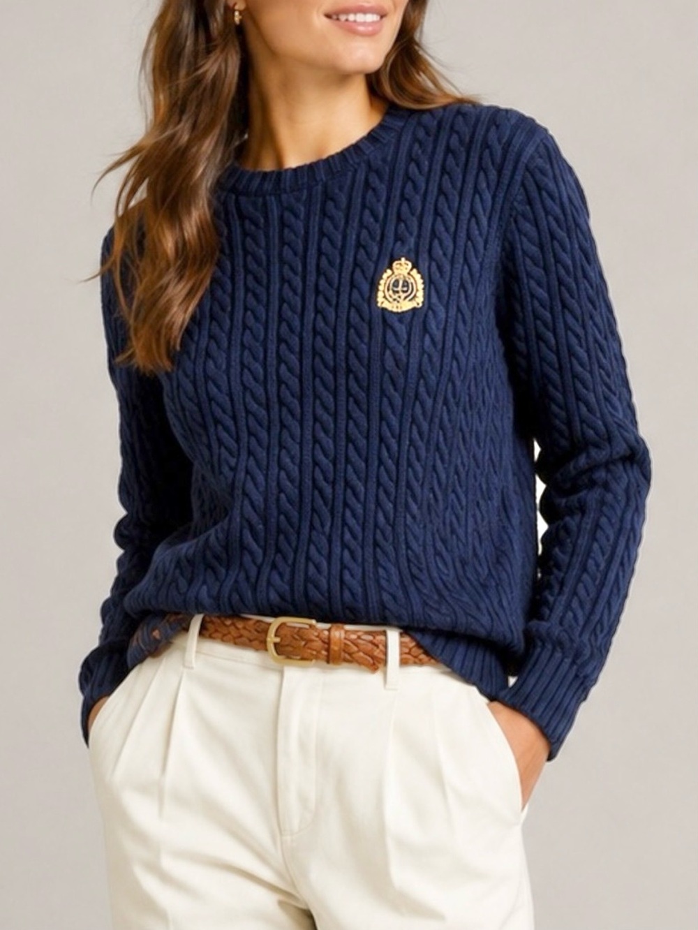 LAUREN RL Vintage Cable Knit Sweater M Anchor Crest Pullover Nautical Heritage